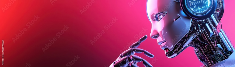 Poster futuristic robot with display screen head and arm