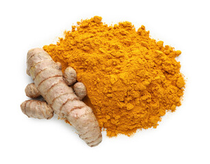 Pile of turmeric powder and roots isolated on white, top view