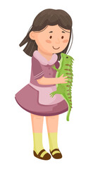 Vector illustration of a girl standing and holding her pet iguana in a simple scene. The scene captures a child interacting with a reptile.