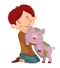 Vector illustration of a boy hugging his pet pig in a simple scene. The scene captures a child cuddling with a domestic animal.