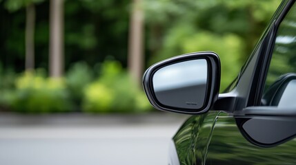 Close-Up View of a Car Side Mirror with Lush Green Background and Soft Focus Creating a Serene Atmosphere