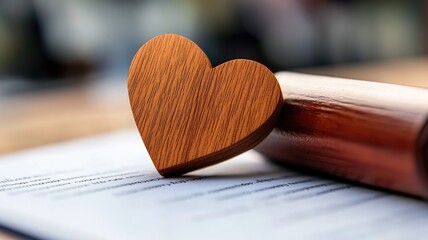 Wooden heart symbol on document with gavel in background, representing love and law combination
