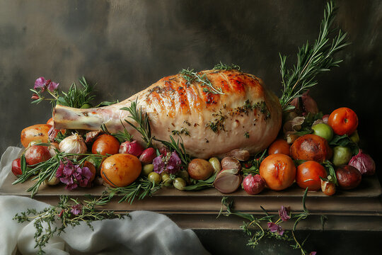 pork loin with vegetables and rosemary, easter food photography,