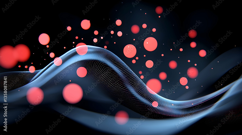 Poster abstract dark background with red glowing particles and a wavy digital design