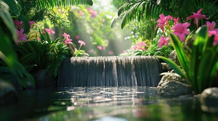 Tranquil Waterfall Scene Amidst Lush Tropical Flowers