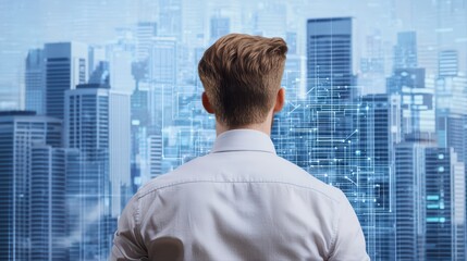 Man observing cityscape with digital overlay elements