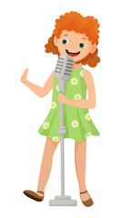 Vector illustration of a girl singing with a microphone. The scene captures a child performing vocals.