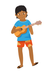Vector illustration of a boy playing a ukulele. The scene captures a child with a string instrument.