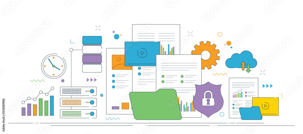 Poster data management, cloud storage, and security with icons of files, cloud sync, and protection. thin l