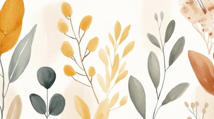 Watercolor Painting of Abstract Autumnal Floral Branches