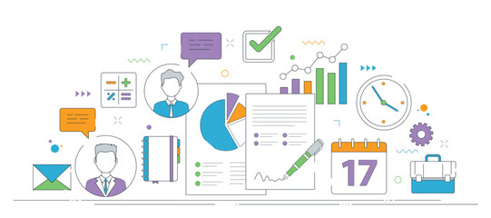Teamwork and productivity in business in vector illustration, with icons of tasks, communication, and charts