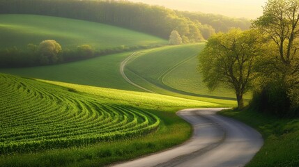 Fototapeta premium Rolling Green Hills Vineyard Road Landscape