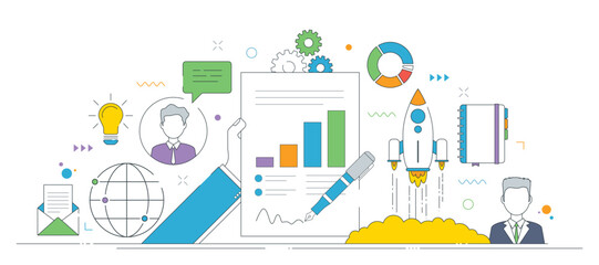 Business strategy and marketing innovation ideas with charts, a rocket launch, and global connectivity.  Thin line icons design in vector.