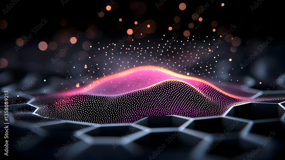 Aufkleber abstract data visualization with pink and purple glowing particles on dark hexagon background