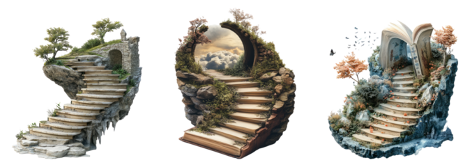 Surreal staircases leading to dreamlike landscapes with natural elements