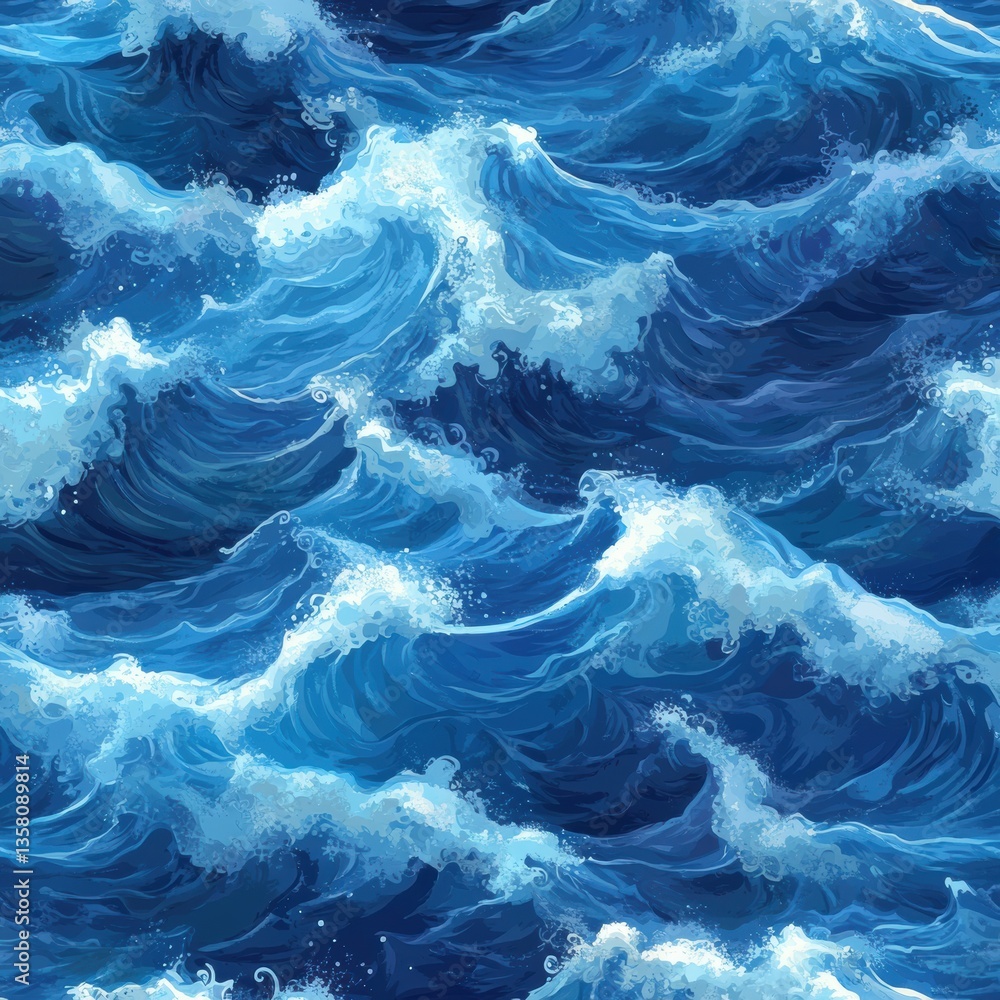 Aufkleber Swirling deep blue ocean wave pattern with foamy whitecaps and soft reflections creating a dynamic and relaxing ambiance Generative AI