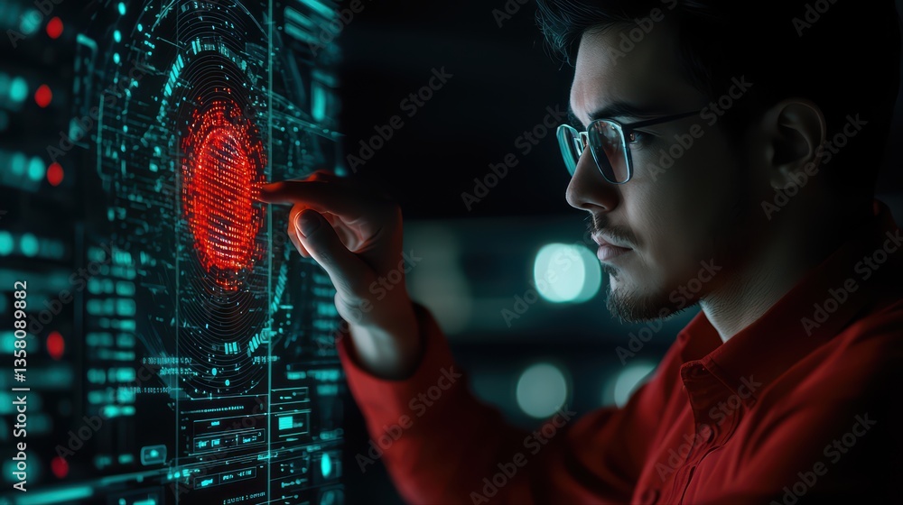 Poster man interacting with futuristic technology display