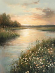 Vintage Spring Wildflower Field Sunset River