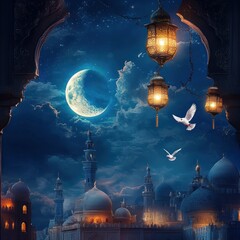 Serene crescent moon, lanterns, and doves over a city at night, moslem 