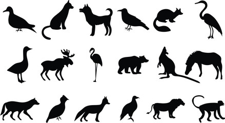 Diverse Animal Silhouettes Collection for Creative Use – Ideal for Graphic Design, Crafts, and Decor – Capture the Essence of Wildlife with Striking Black Shapes for Unique Artistic Projects