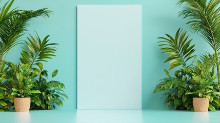 Fototapeta premium Tropical interior with green plants and blank canvas