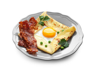 Delicious crepe with egg, bacon and green peas isolated on white. Breton galette
