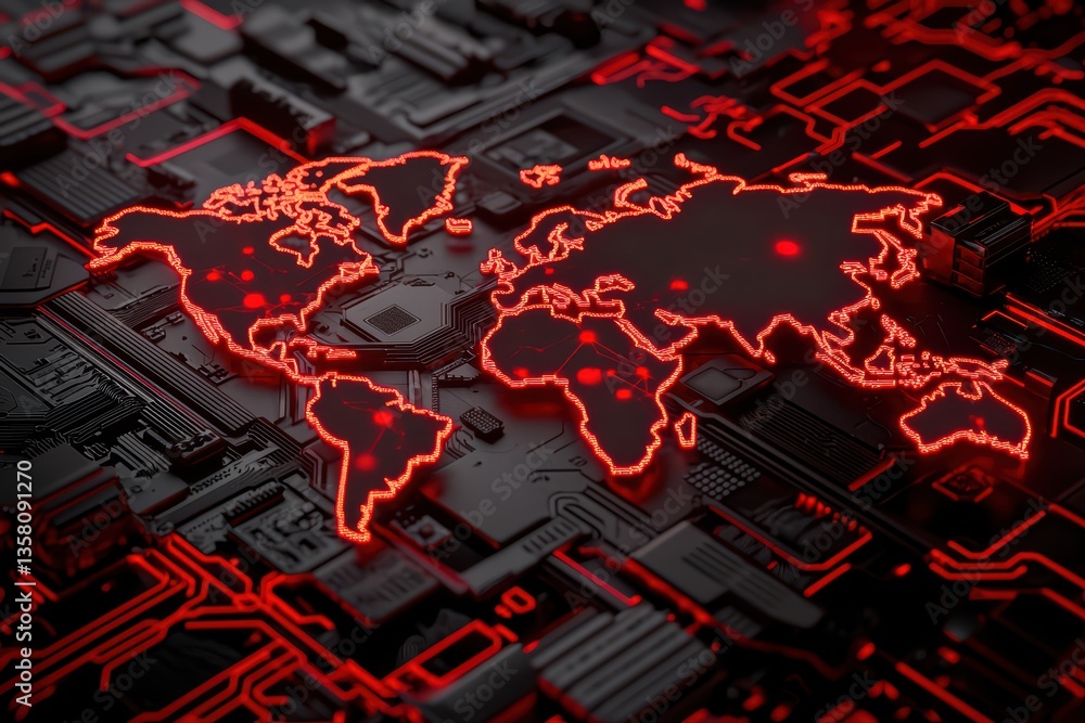 Poster digital world map with red circuit board design