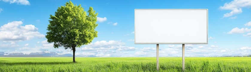 Obraz premium Empty billboard in a green field under blue sky