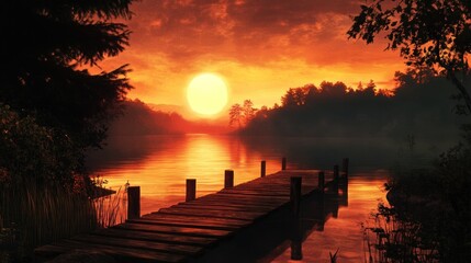 Serene Sunset Over Lake With Wooden Dock