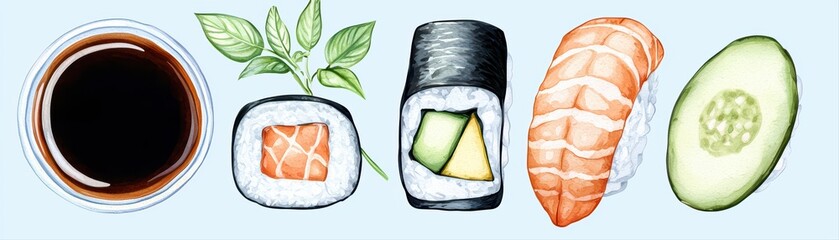 Colorful sushi spread on light background