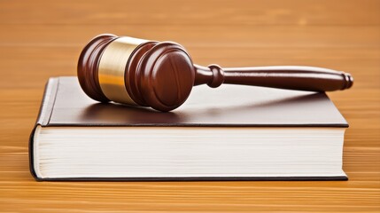 Obraz premium Wooden gavel on top of law book on wooden surface