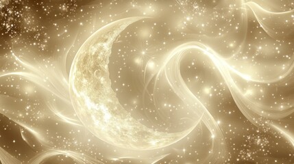 Golden Crescent Moon Amidst Sparkling Celestial Waves