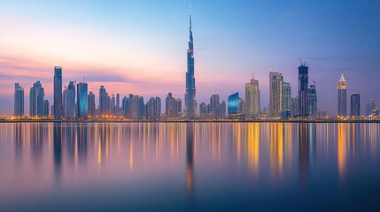 Fototapeta premium Dubai Skyline Reflecting in Calm Waters at Sunset