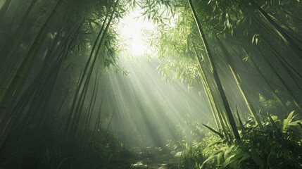 Obraz premium Sunbeams Illuminate Serene Bamboo Forest Path