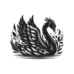 Obraz premium Black Color Swan Silhouette Vector Illustration, Solid White Background