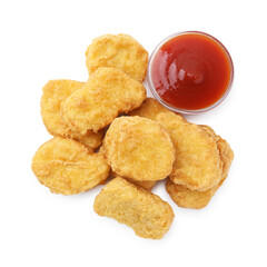 Tasty chicken nuggets with sauce isolated on white, top view