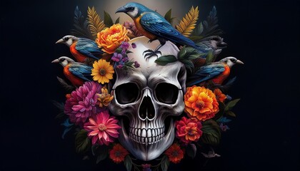 skull with flowers and birds 