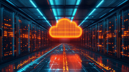 Cloud in a server room symbolizes cloud migration and digital transformation, representing a shift toward modern, efficient technology with a minimalistic and bright design