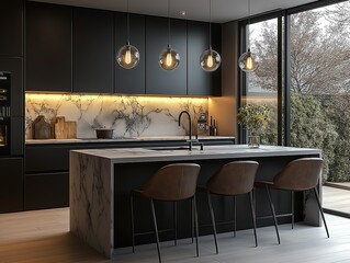 contemporary kitchen with sleek matte black cabinets, marble countertops, and integrated LED lighting