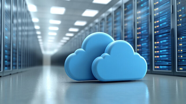 Cloud in a server room symbolizes cloud migration and digital transformation, representing a shift toward modern, efficient technology with a minimalistic and bright design
