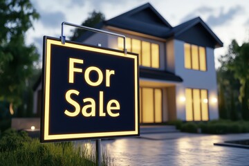 Fototapeta premium Modern house for sale with illuminated signage