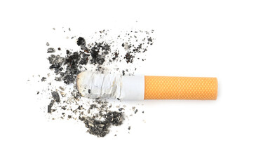 One cigarette butt isolated on white, top view. Smoking habit