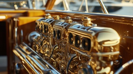 Naklejka premium Golden Engine Detail of a Luxurious Boat