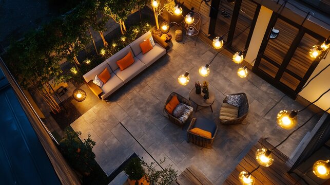 Overhead shot of stylish home layout featuring comfortable seating and bright decorative lights