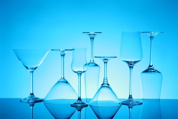 Many empty clean glasses on mirror surface against blue background