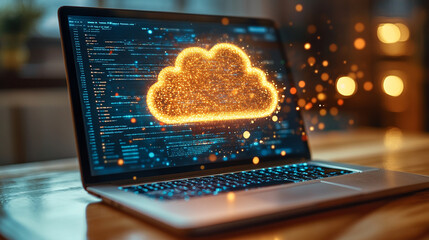 Cloud in a server room symbolizes cloud migration and digital transformation, representing a shift toward modern, efficient technology with a minimalistic and bright design