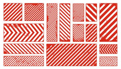 Caution and warning grunge red stripes and frames, hazard barrier tape, danger area. Vector set of striped patterns for hazard symbols, construction zones, industrial safety or cautionary road signage