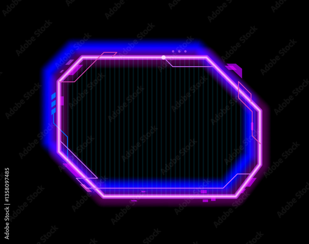 Poster Mobile game electronic neon UI menu frame. SCI FI arcade futuristic HUD design border, computer gaming vector digital led blue and violet light UI menu design element. Game neon glow interface overlay