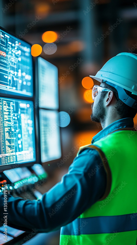 Poster worker in safety gear monitoring multiple screens displaying industrial data, showcasing technologic