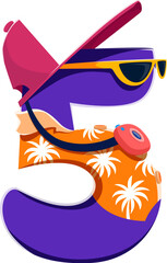 Summer travel font or sea beach type, number 5 in sunglasses, vector cartoon typeface. Summer travel and holiday vacations font or typeface, number five in Hawaii beach shirt and hat with photo camera